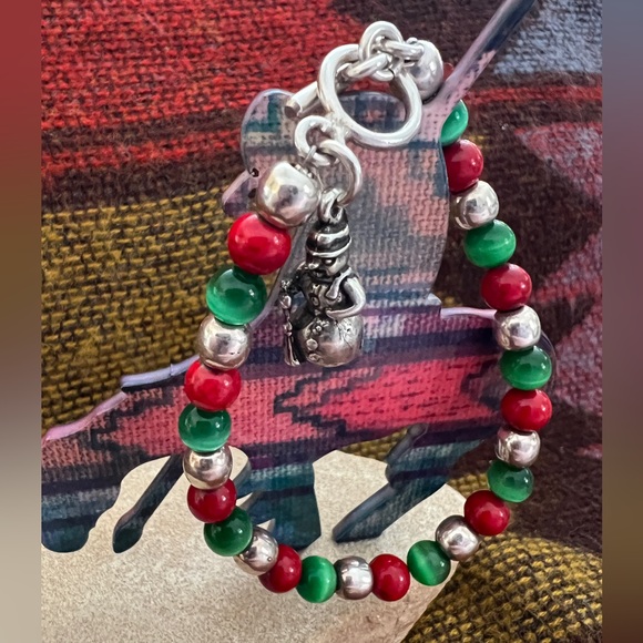 ❤️ 925 Pearl Southwestern Snowman Christmas Bracelet w Red Jasper & Cats Eye 7” - Picture 1 of 16